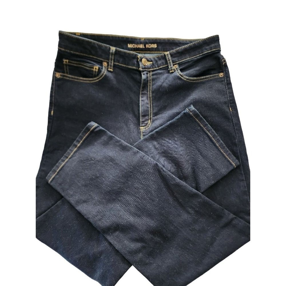 Michael Kors Womens‎ Dark Wash Straight Leg Denim Jeans Gold Logo Size 10